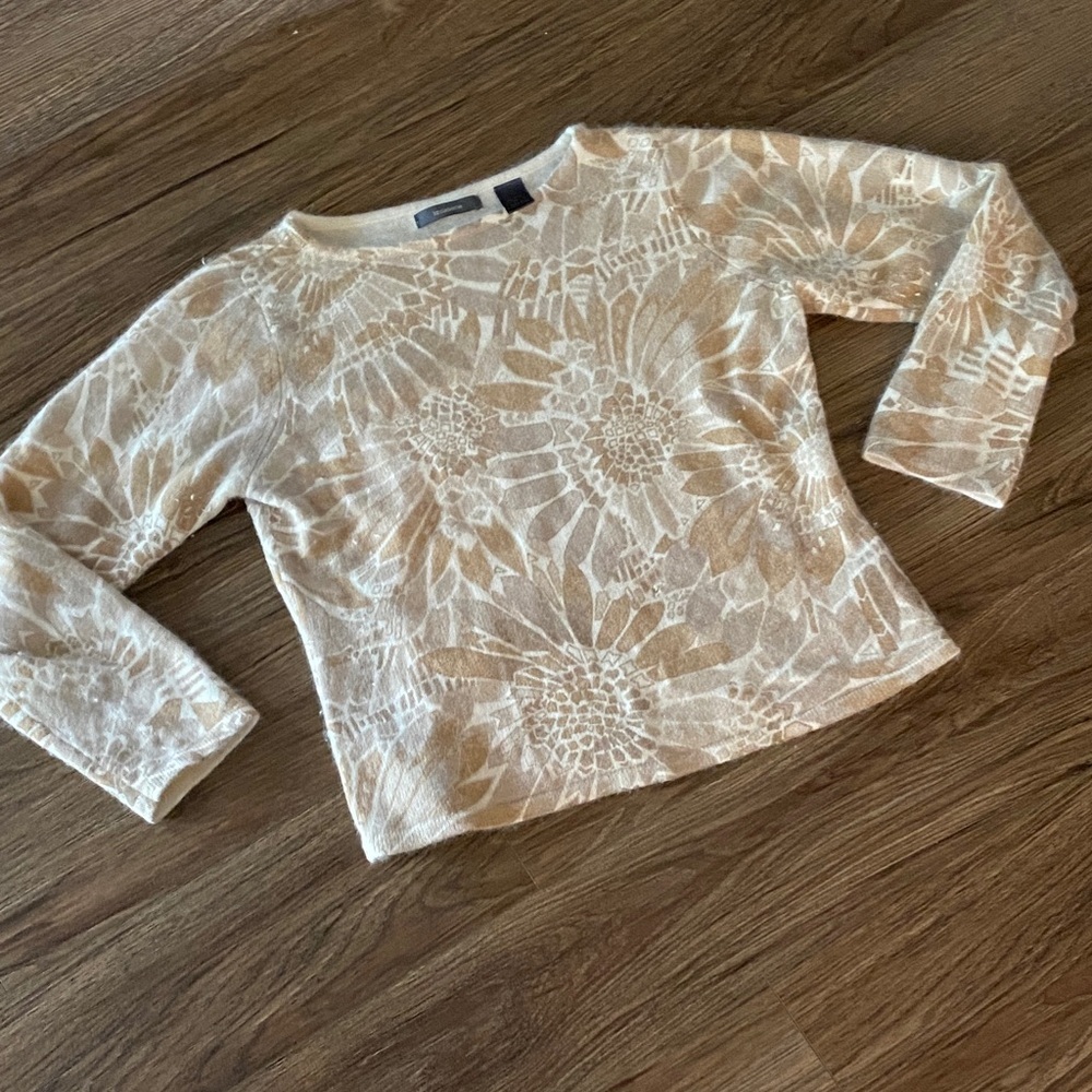 VTG Liz Claiborne wool angora rabbit blend Nutella pattern sweater M ** flaw**